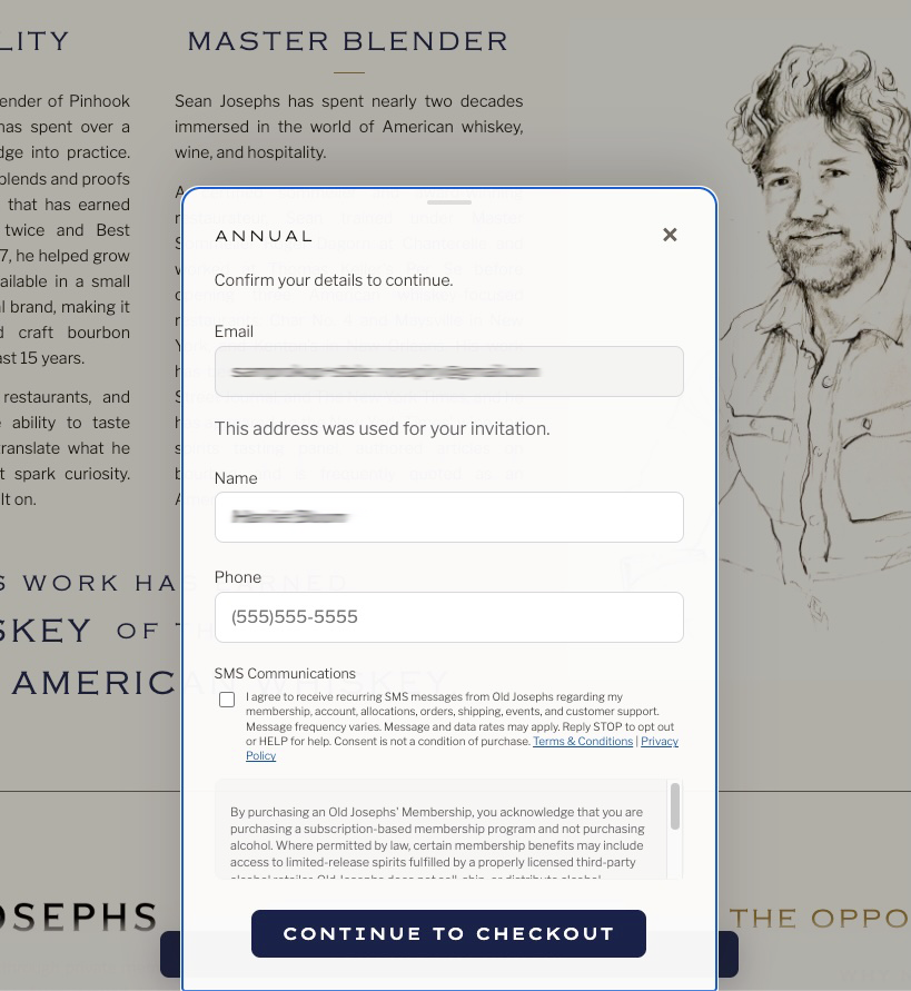 Membership enrollment screen showing the mobile phone field, an unchecked SMS consent checkbox, the SMS disclosure, and links to Terms & Conditions and Privacy Policy.